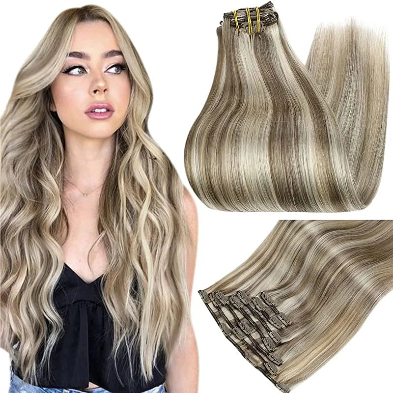 Full Shine Clip in Hair Extensions Human Hair Clip Balayage 7pcs 120g Double Weft Hair Extensions Human Hair For Woman