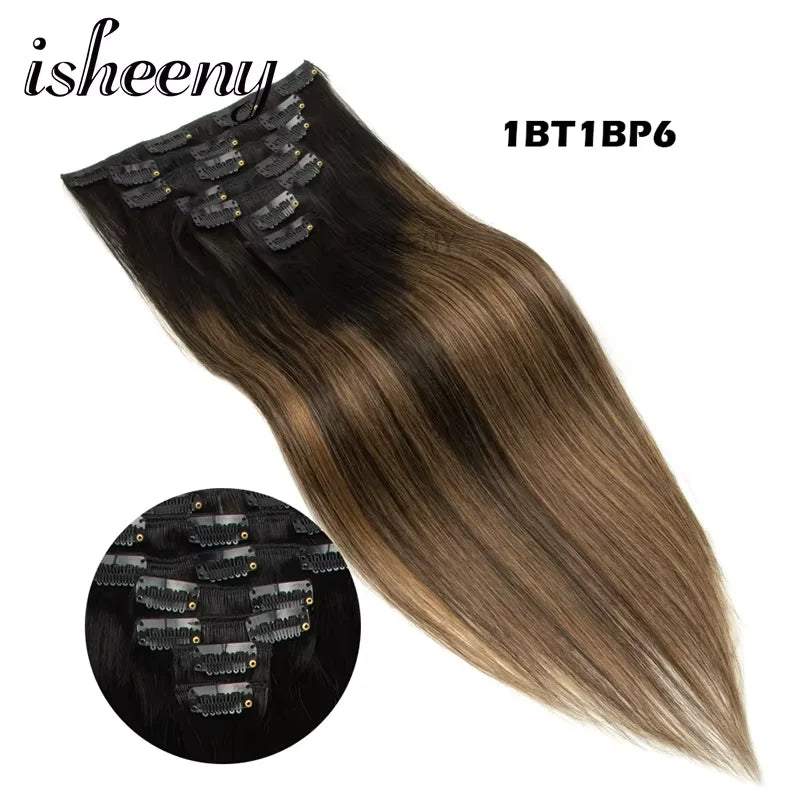 Isheeny 12"-24" Clip In Human Hair Extensions Brazilian Remy Natural Clip Human Hair Extension Real Natural Clip On 50G-120G NEW