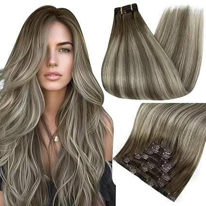 Full Shine Clip in Hair Extensions Human Hair Clip Balayage 7pcs 120g Double Weft Hair Extensions Human Hair For Woman