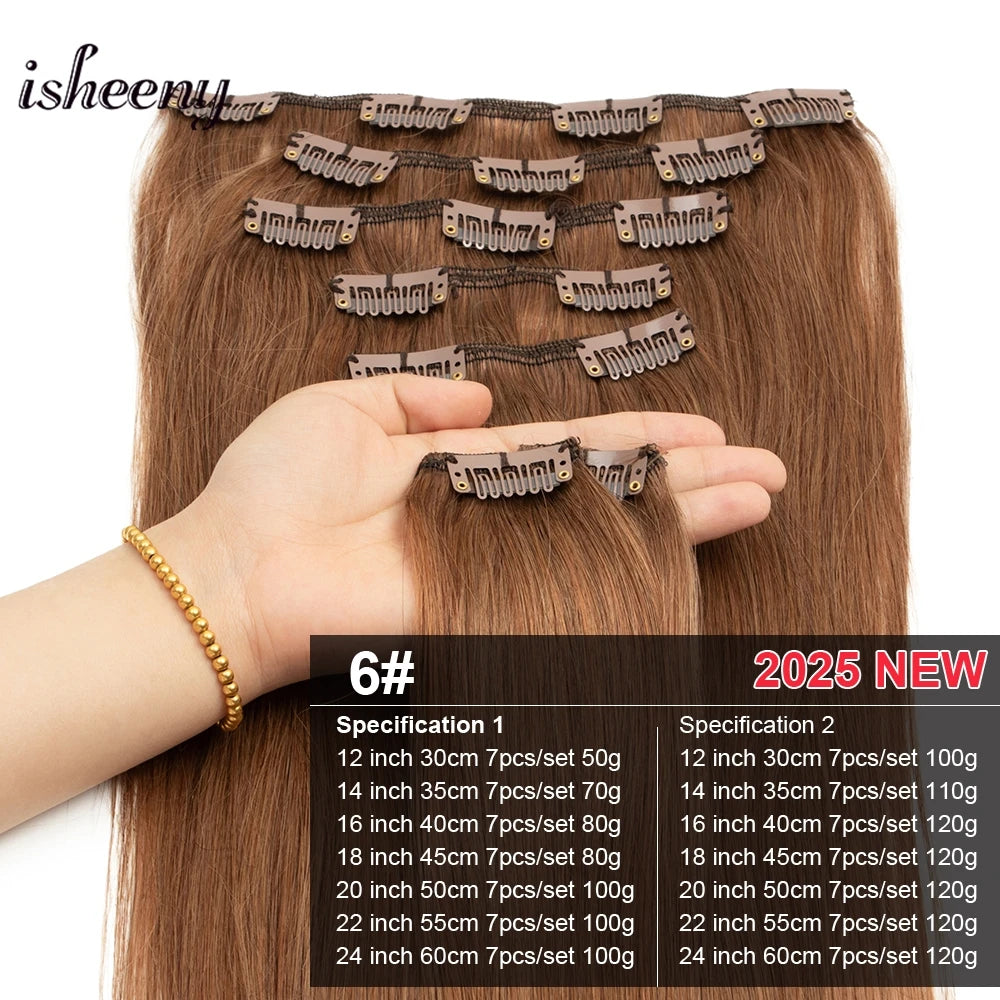 Isheeny 12"-24" Clip In Human Hair Extensions Brazilian Remy Natural Clip Human Hair Extension Real Natural Clip On 50G-120G NEW