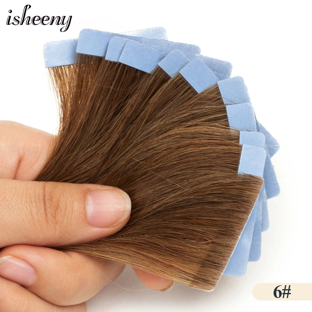 Isheeny Invisible Tape In Hair Extensions 12" 16" 20" 22" Skin Weft Tape Ins 10pcs Natural Straight Machine Made Remy Human Hair