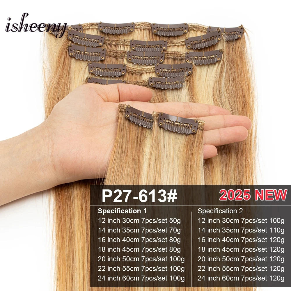 Isheeny 12"-24" Clip In Human Hair Extensions Brazilian Remy Natural Clip Human Hair Extension Real Natural Clip On 50G-120G NEW
