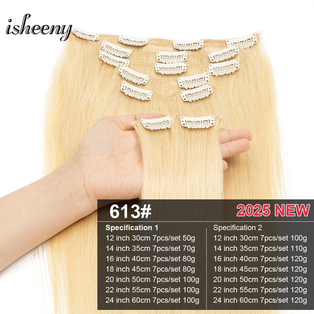 Isheeny 12"-24" Clip In Human Hair Extensions Brazilian Remy Natural Clip Human Hair Extension Real Natural Clip On 50G-120G NEW