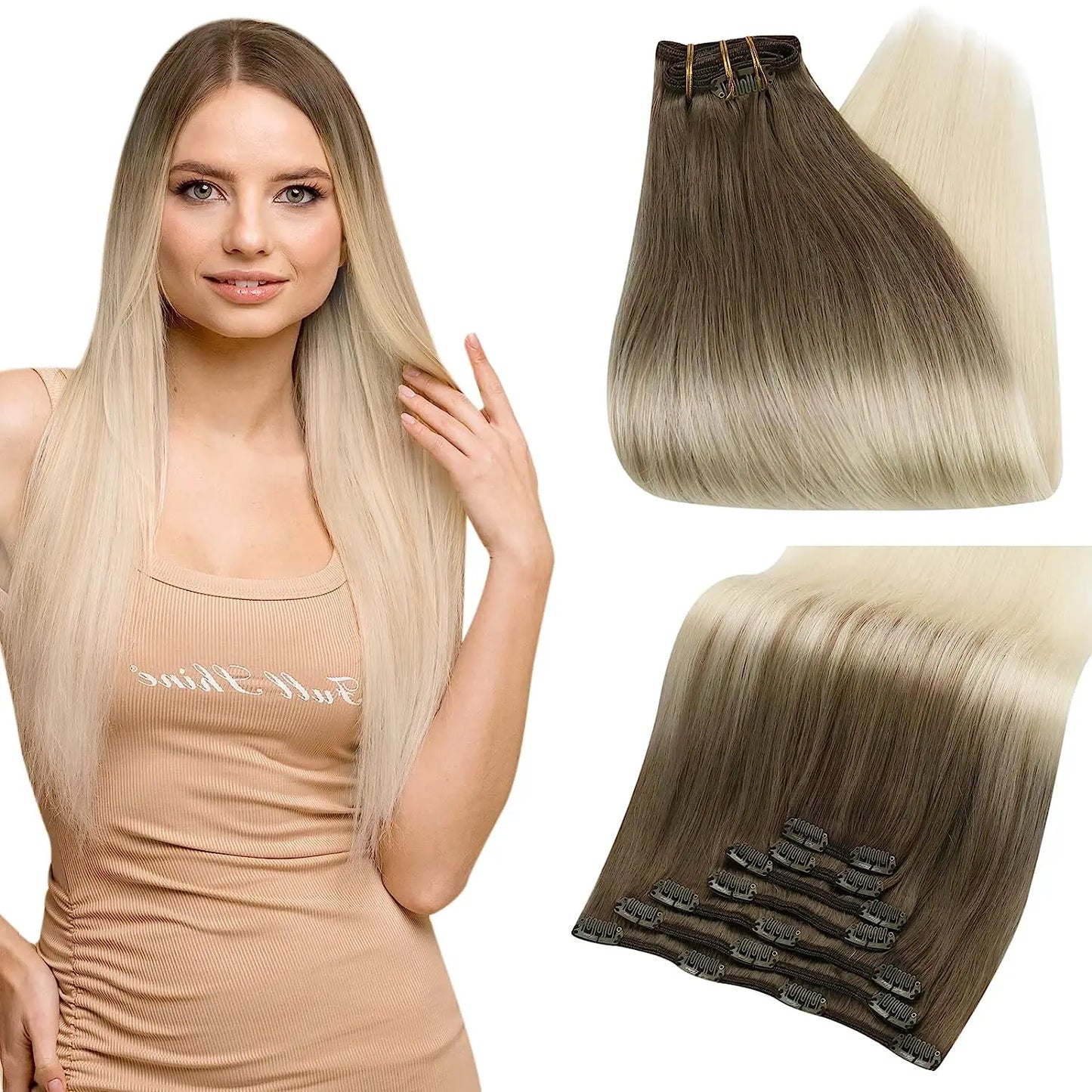 Full Shine Clip in Hair Extensions Human Hair Clip Balayage 7pcs 120g Double Weft Hair Extensions Human Hair For Woman