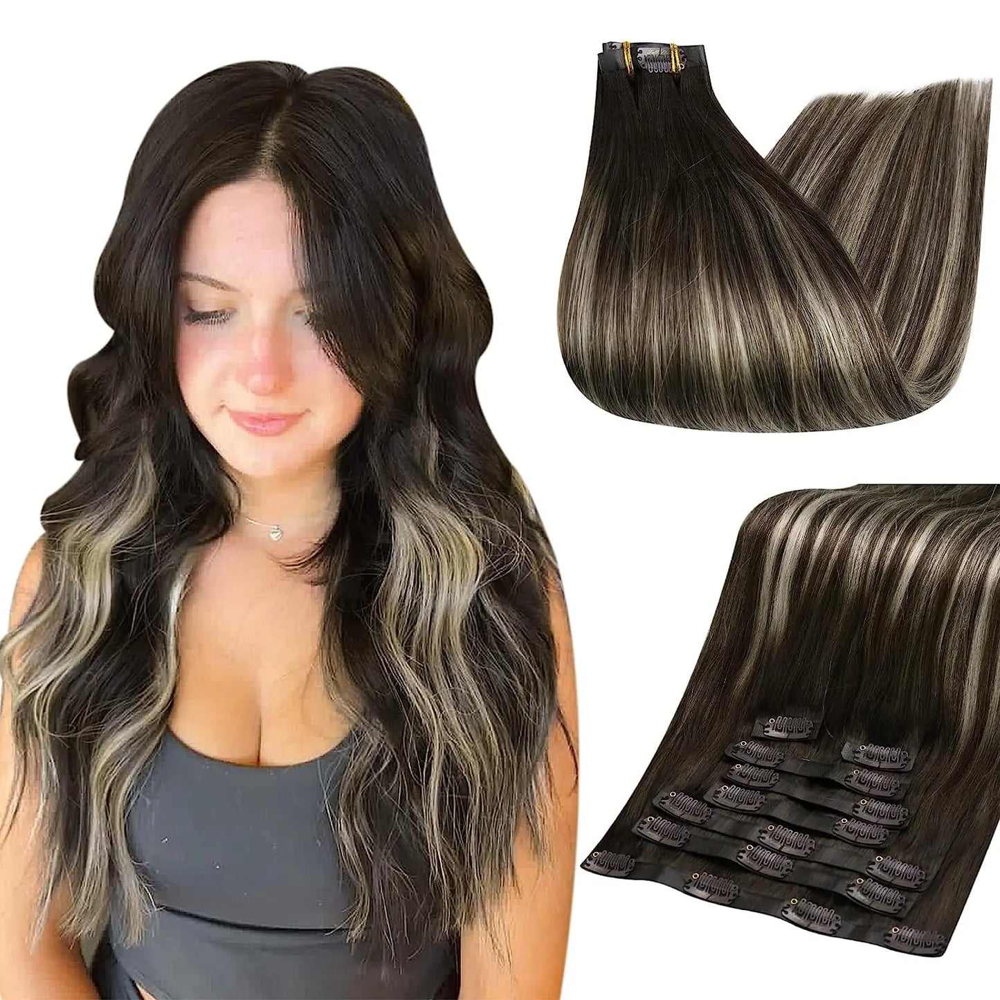 Full Shine Clip in Hair Extensions Human Hair Clip Balayage 7pcs 120g Double Weft Hair Extensions Human Hair For Woman
