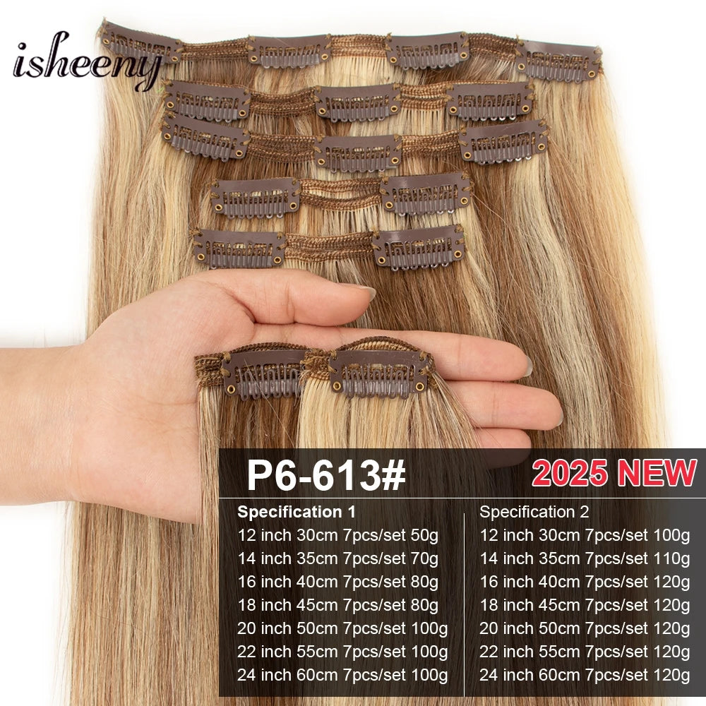 Isheeny 12"-24" Clip In Human Hair Extensions Brazilian Remy Natural Clip Human Hair Extension Real Natural Clip On 50G-120G NEW