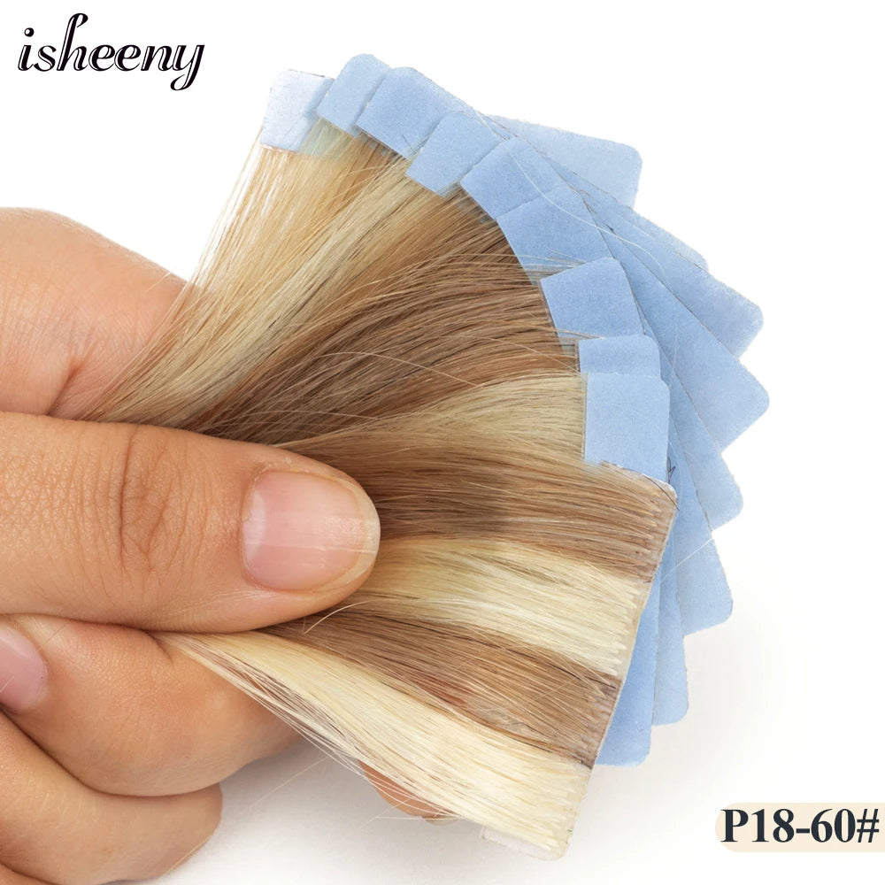 Isheeny Invisible Tape In Hair Extensions 12" 16" 20" 22" Skin Weft Tape Ins 10pcs Natural Straight Machine Made Remy Human Hair