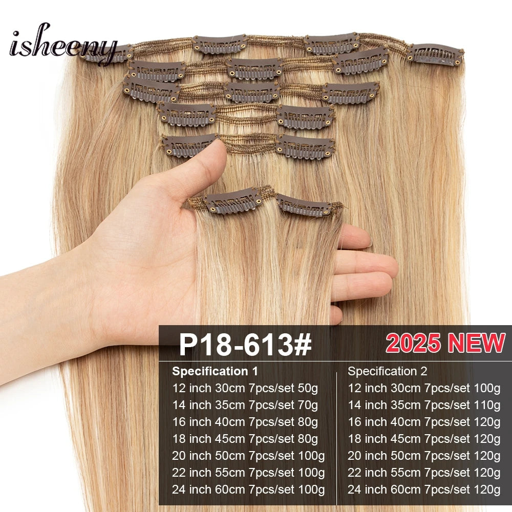 Isheeny 12"-24" Clip In Human Hair Extensions Brazilian Remy Natural Clip Human Hair Extension Real Natural Clip On 50G-120G NEW