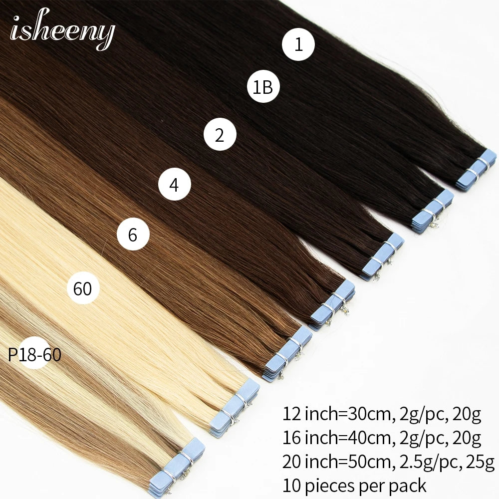 Isheeny Invisible Tape In Hair Extensions 12" 16" 20" 22" Skin Weft Tape Ins 10pcs Natural Straight Machine Made Remy Human Hair