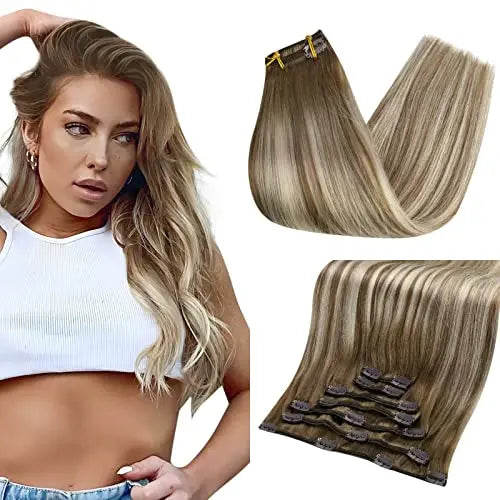 Full Shine Clip in Hair Extensions Human Hair Clip Balayage 7pcs 120g Double Weft Hair Extensions Human Hair For Woman
