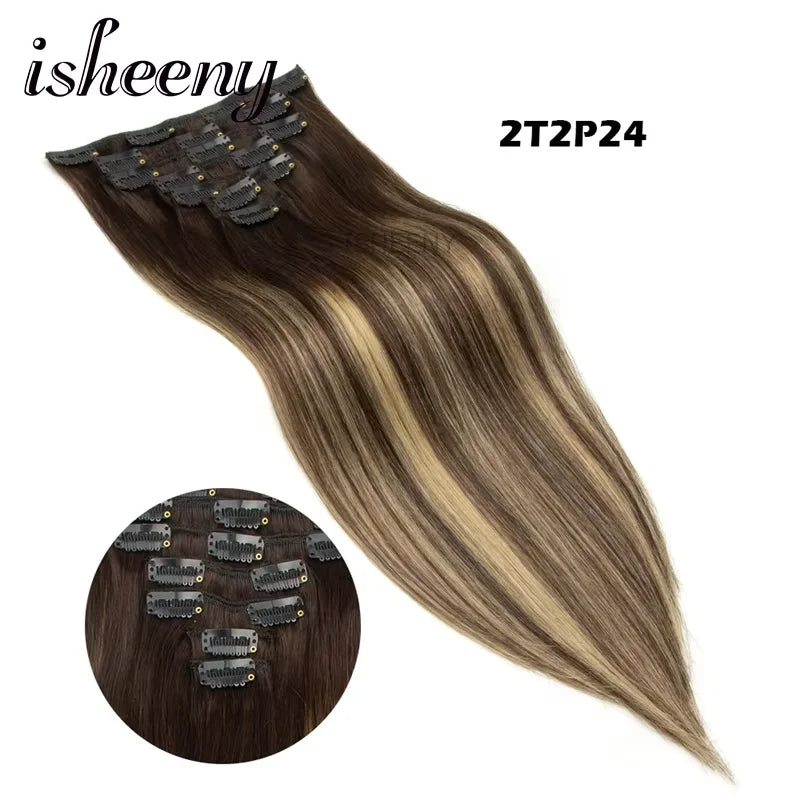 Isheeny 12"-24" Clip In Human Hair Extensions Brazilian Remy Natural Clip Human Hair Extension Real Natural Clip On 50G-120G NEW