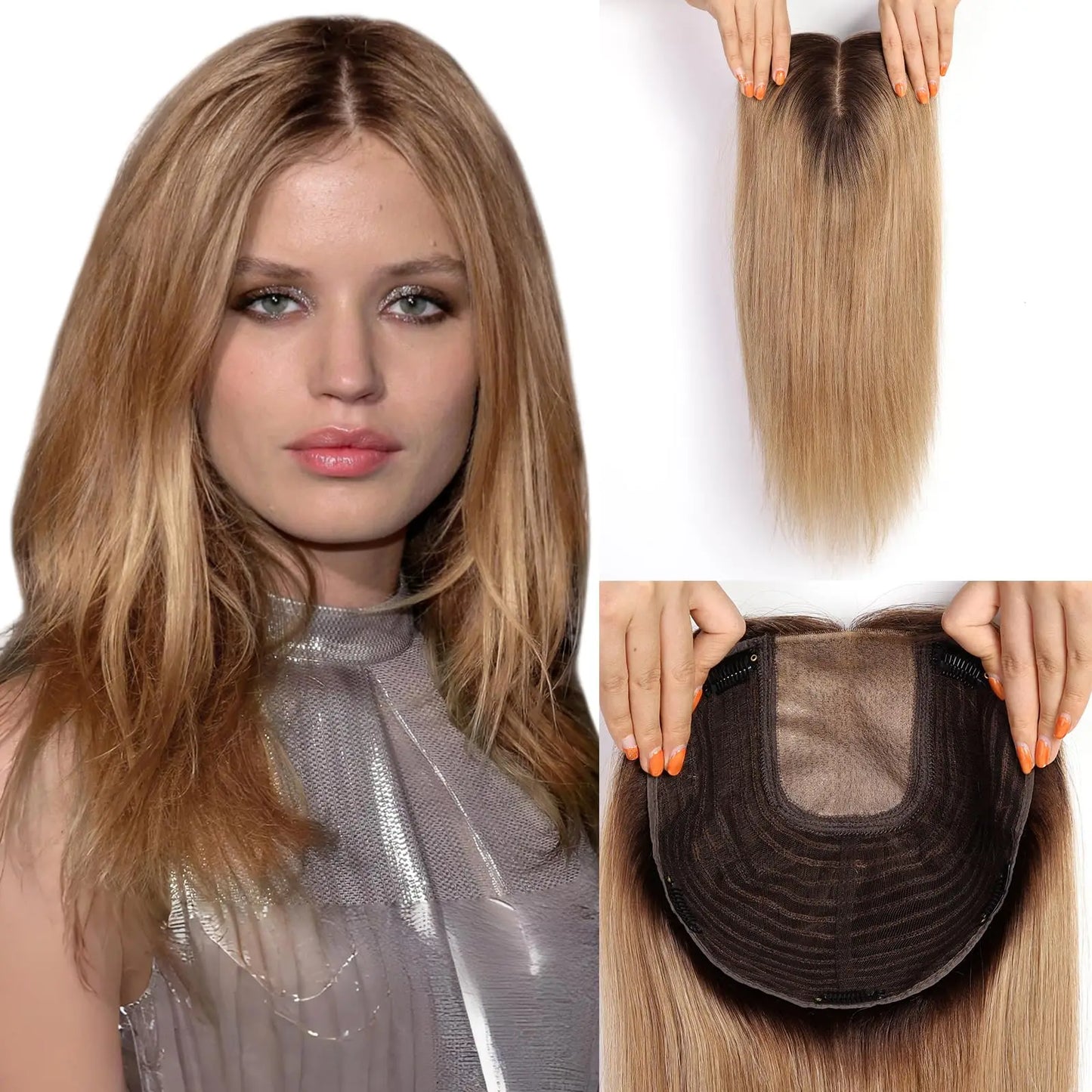 Brown Blonde Highlight Remy Human Hair Toppers Clips in 16 Inches Straight Hairpiece for Women Silk Base Topper Hair Extensions