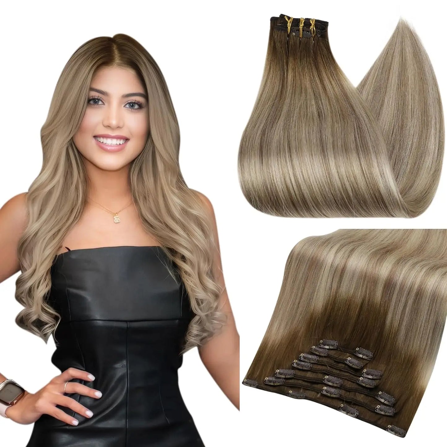 Full Shine Clip in Hair Extensions Human Hair Clip Balayage 7pcs 120g Double Weft Hair Extensions Human Hair For Woman