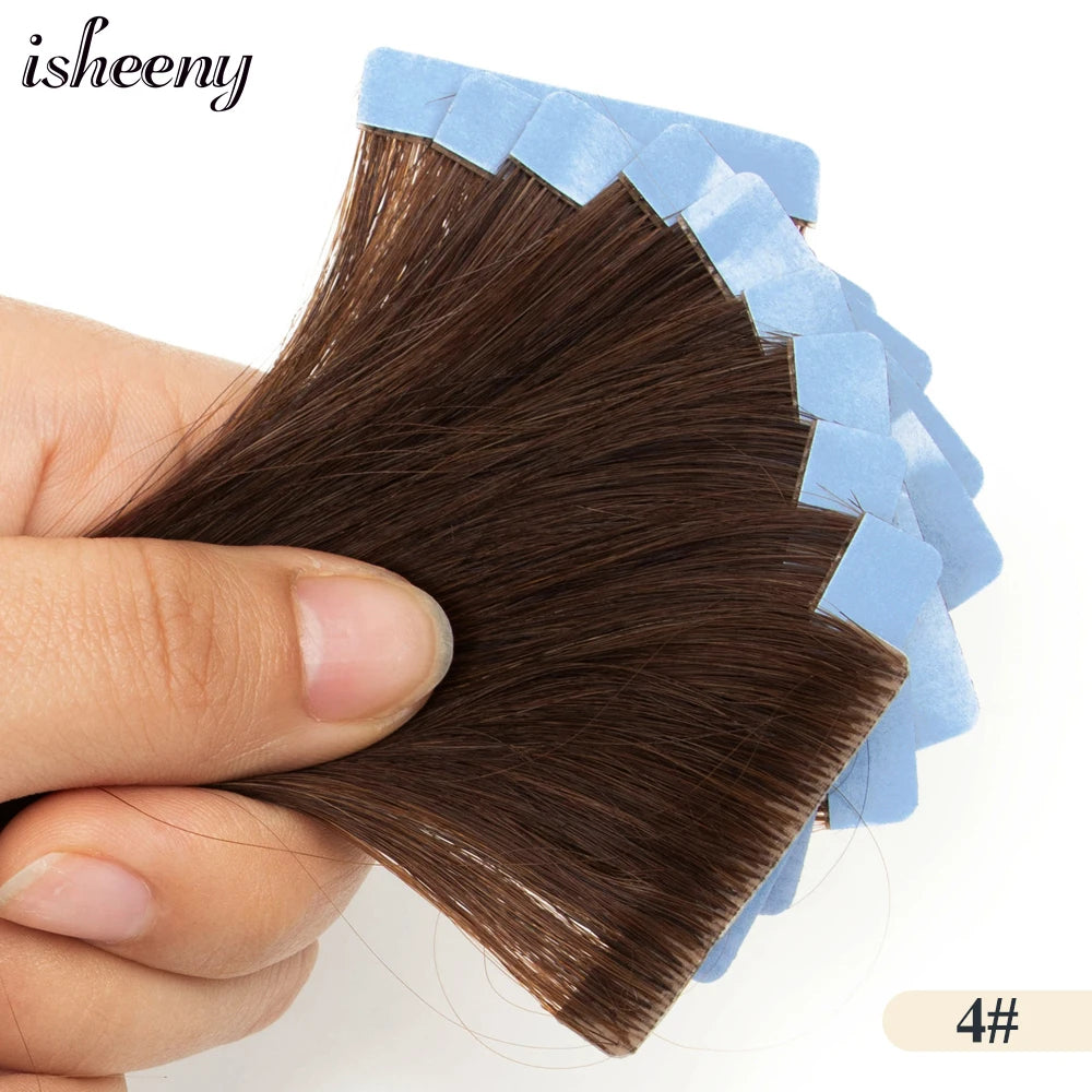 Isheeny Invisible Tape In Hair Extensions 12" 16" 20" 22" Skin Weft Tape Ins 10pcs Natural Straight Machine Made Remy Human Hair