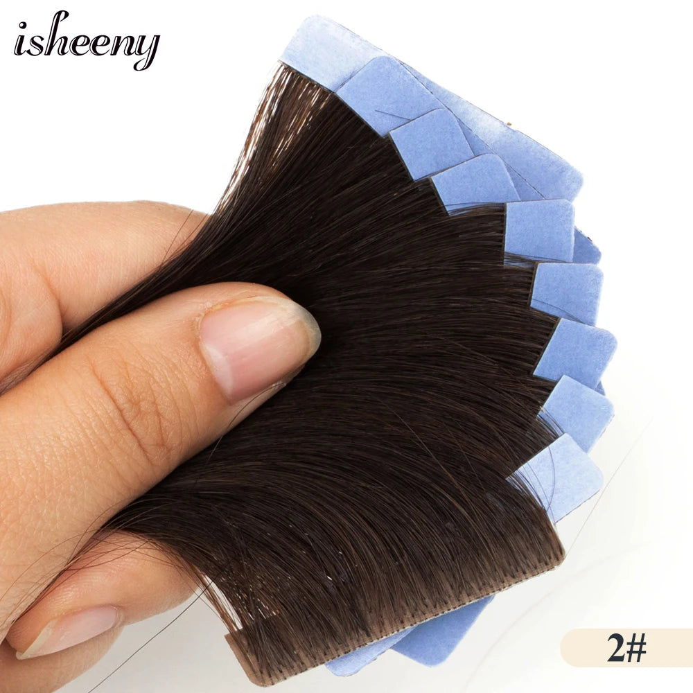 Isheeny Invisible Tape In Hair Extensions 12" 16" 20" 22" Skin Weft Tape Ins 10pcs Natural Straight Machine Made Remy Human Hair