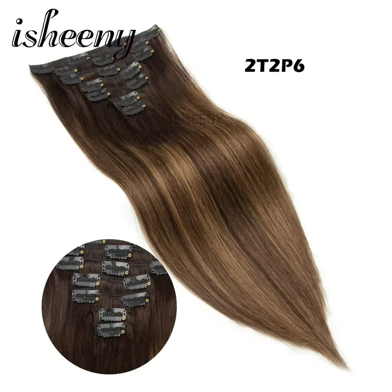 Isheeny 12"-24" Clip In Human Hair Extensions Brazilian Remy Natural Clip Human Hair Extension Real Natural Clip On 50G-120G NEW