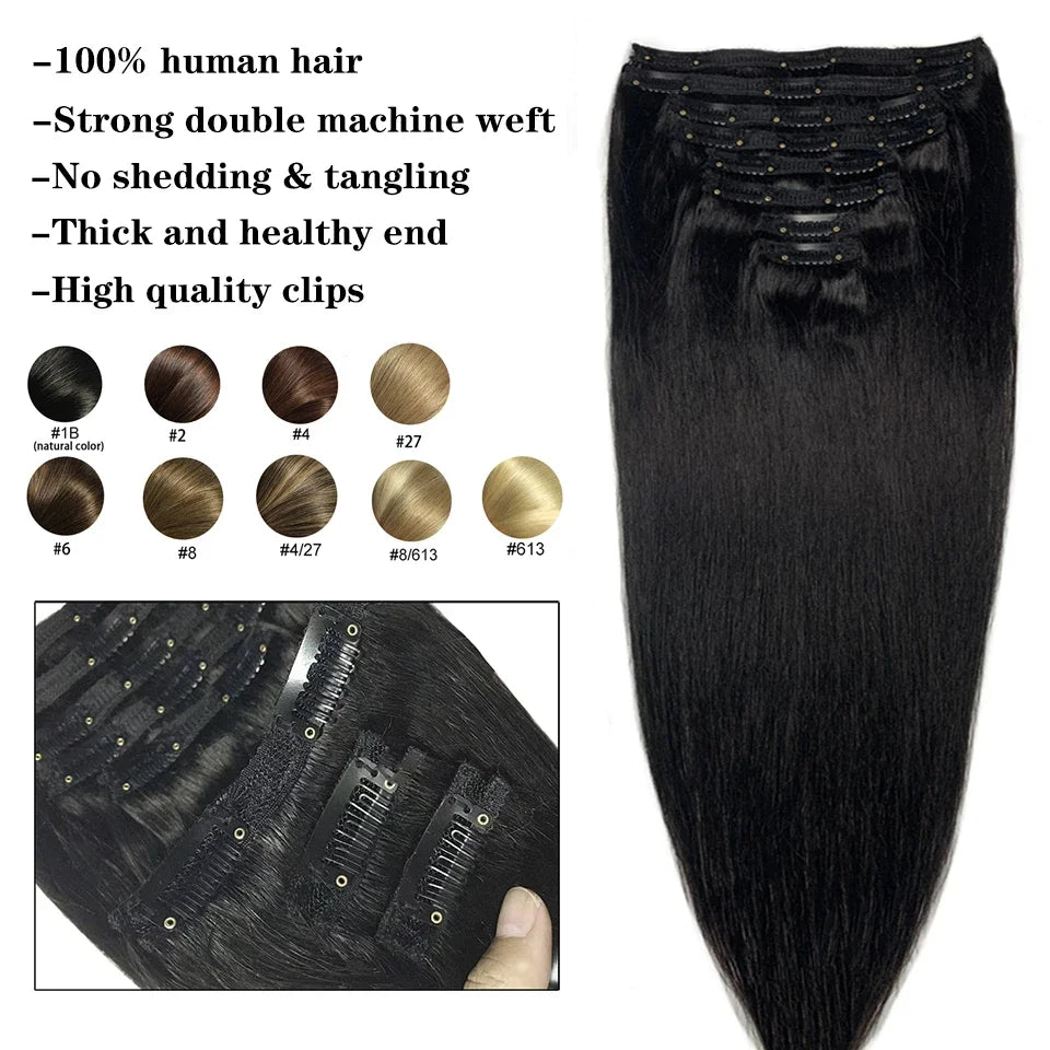 Clip In Hair Extensions Human Hair Brazilian Straight Clip In Natural Black Color Clip Ins Remy Hair 20 22 24 26 Inch 4# Women