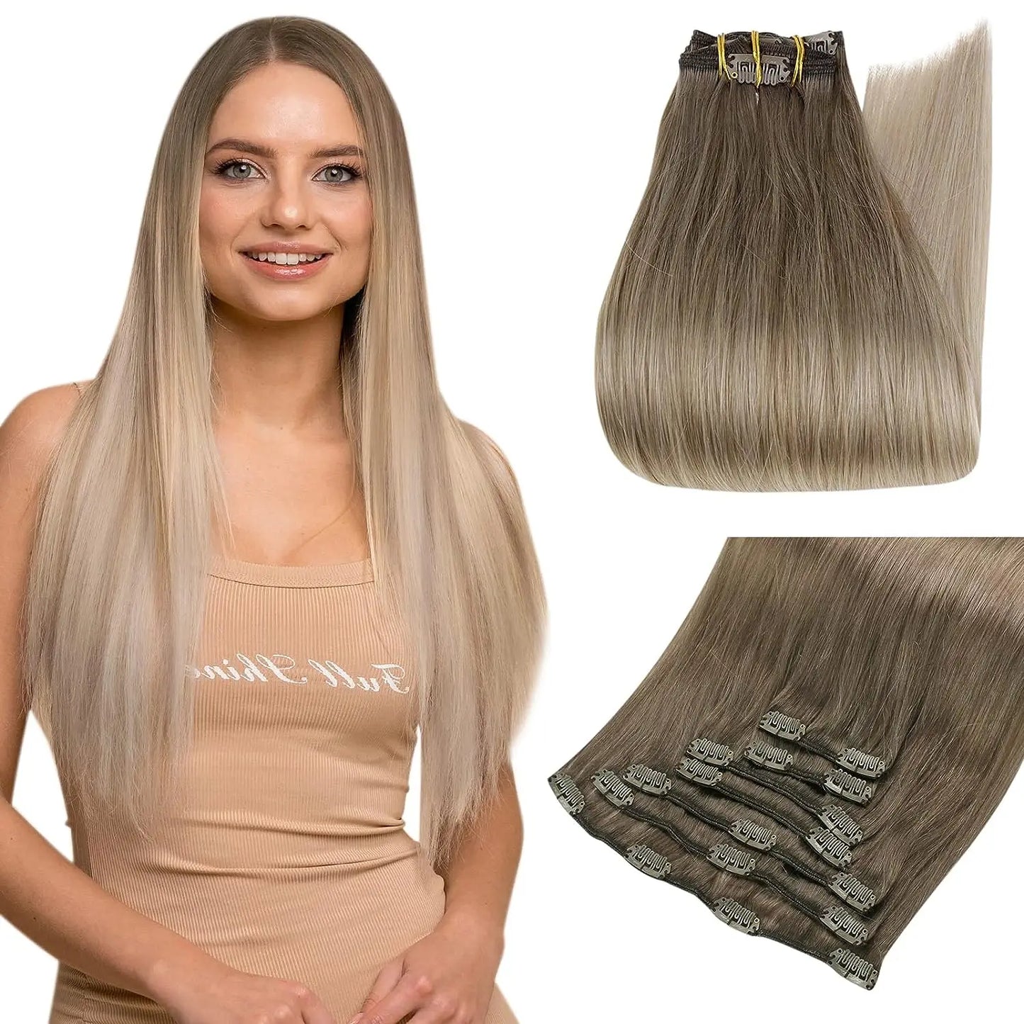 Full Shine Clip in Hair Extensions Human Hair Clip Balayage 7pcs 120g Double Weft Hair Extensions Human Hair For Woman