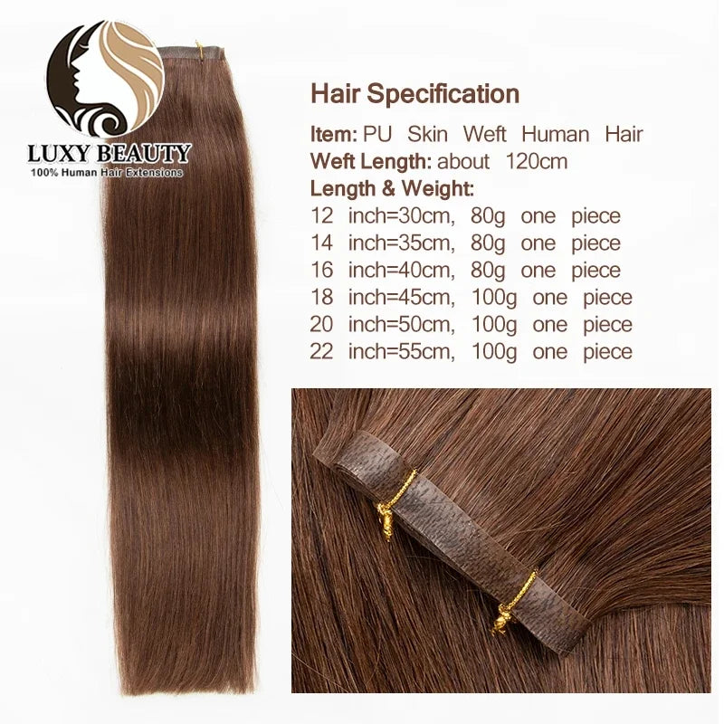 Long Tape Weft Human Hair Extensions 12"-22" Invisible Inject PU Skin Flat Weft Hair Bundles 100g Sewing In Micro Links Hair
