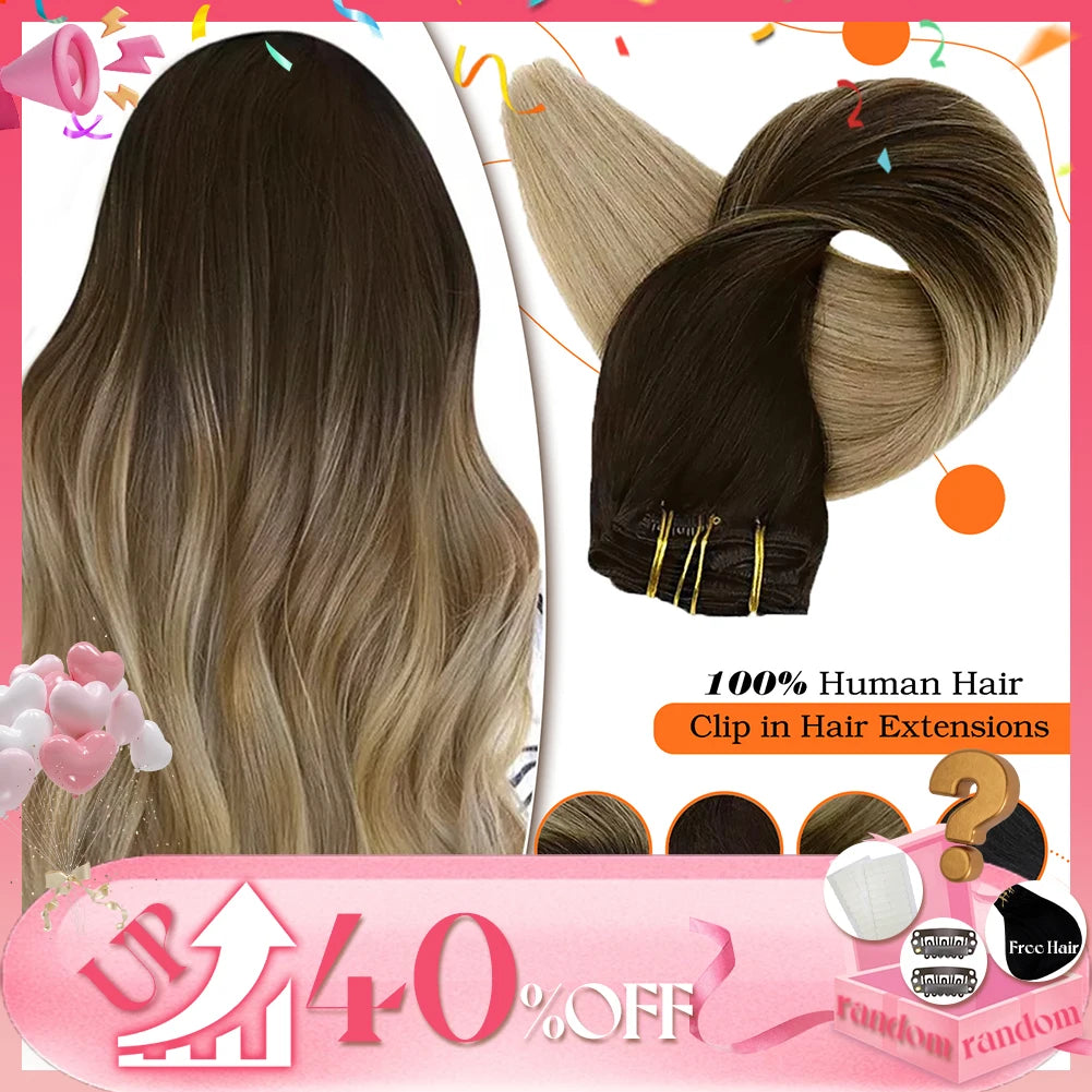 Full Shine Clip in Hair Extensions Human Hair Clip Balayage 7pcs 120g Double Weft Hair Extensions Human Hair For Woman