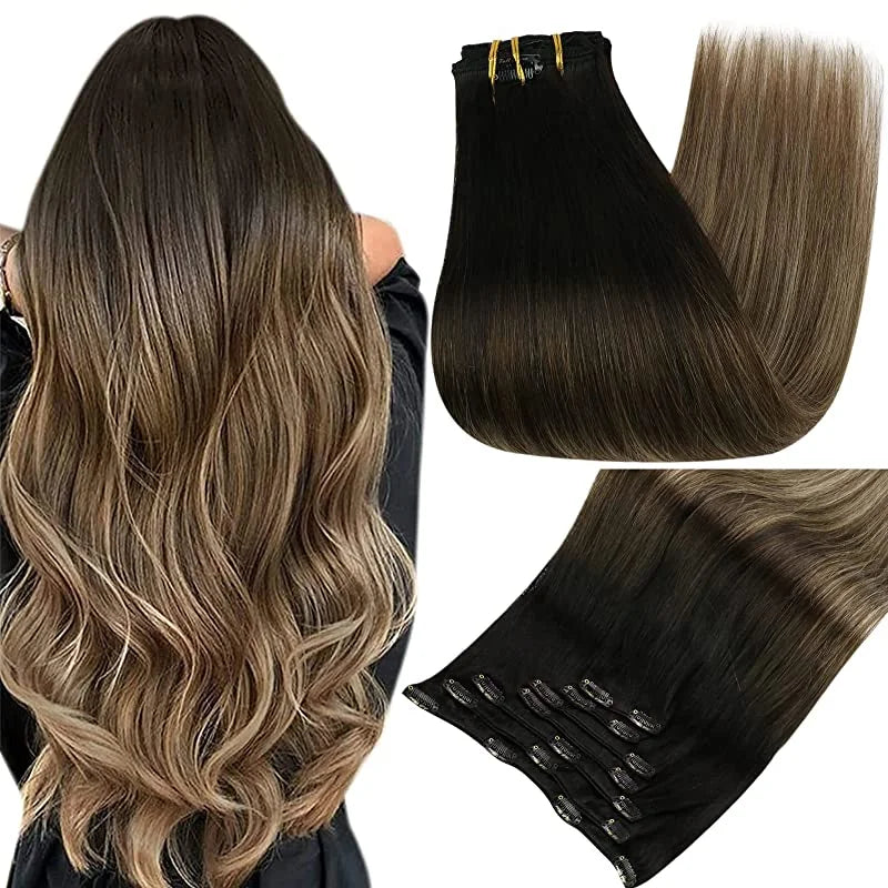Full Shine Clip in Hair Extensions Human Hair Clip Balayage 7pcs 120g Double Weft Hair Extensions Human Hair For Woman