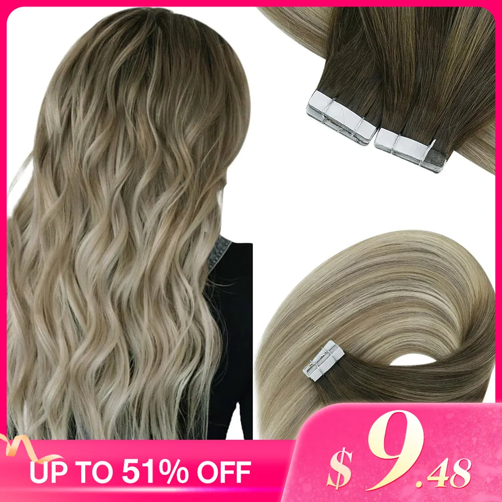 [NEW]VeSunny Tape In Hair Extensions Human Hair Real Natural Hair Balayage Color #4-14-60 Skin Weft Straight Seamless Hair