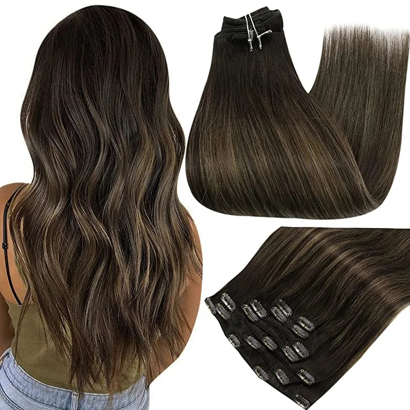 Full Shine Clip in Hair Extensions Human Hair Clip Balayage 7pcs 120g Double Weft Hair Extensions Human Hair For Woman