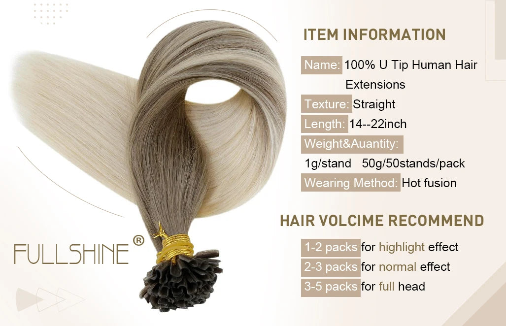 Full Shine U Tip Hair Extensions Fusion Hair Balayage Color 40-50g Keratin Glue Beads Prebonded Remy Human Hair Extensions