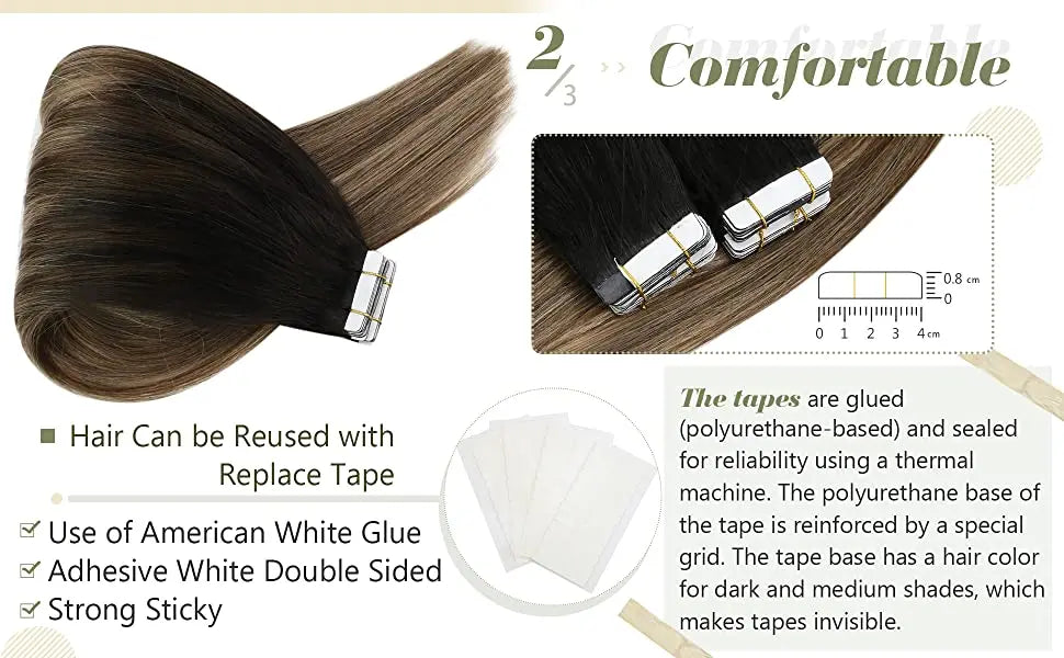 [NEW]VeSunny Tape In Hair Extensions Human Hair Real Natural Hair Balayage Color #4-14-60 Skin Weft Straight Seamless Hair