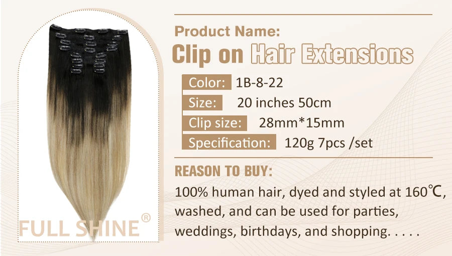 Full Shine Human Hair Extensions Clip in Hair Extensions Human Hair 7PCS 105G Double Weft Hair Extensions Human Hair For Woman