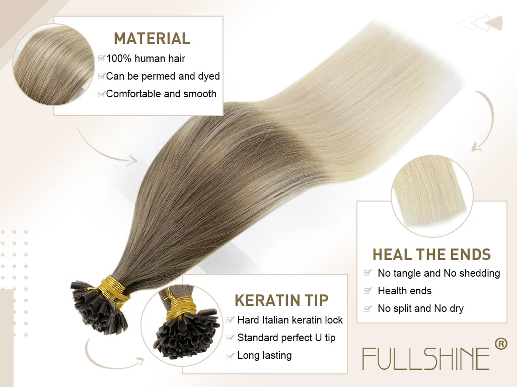 Full Shine U Tip Hair Extensions Fusion Hair Balayage Color 40-50g Keratin Glue Beads Prebonded Remy Human Hair Extensions