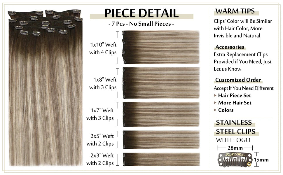 Full Shine Human Hair Extensions Clip in Hair Extensions Human Hair 7PCS 105G Double Weft Hair Extensions Human Hair For Woman