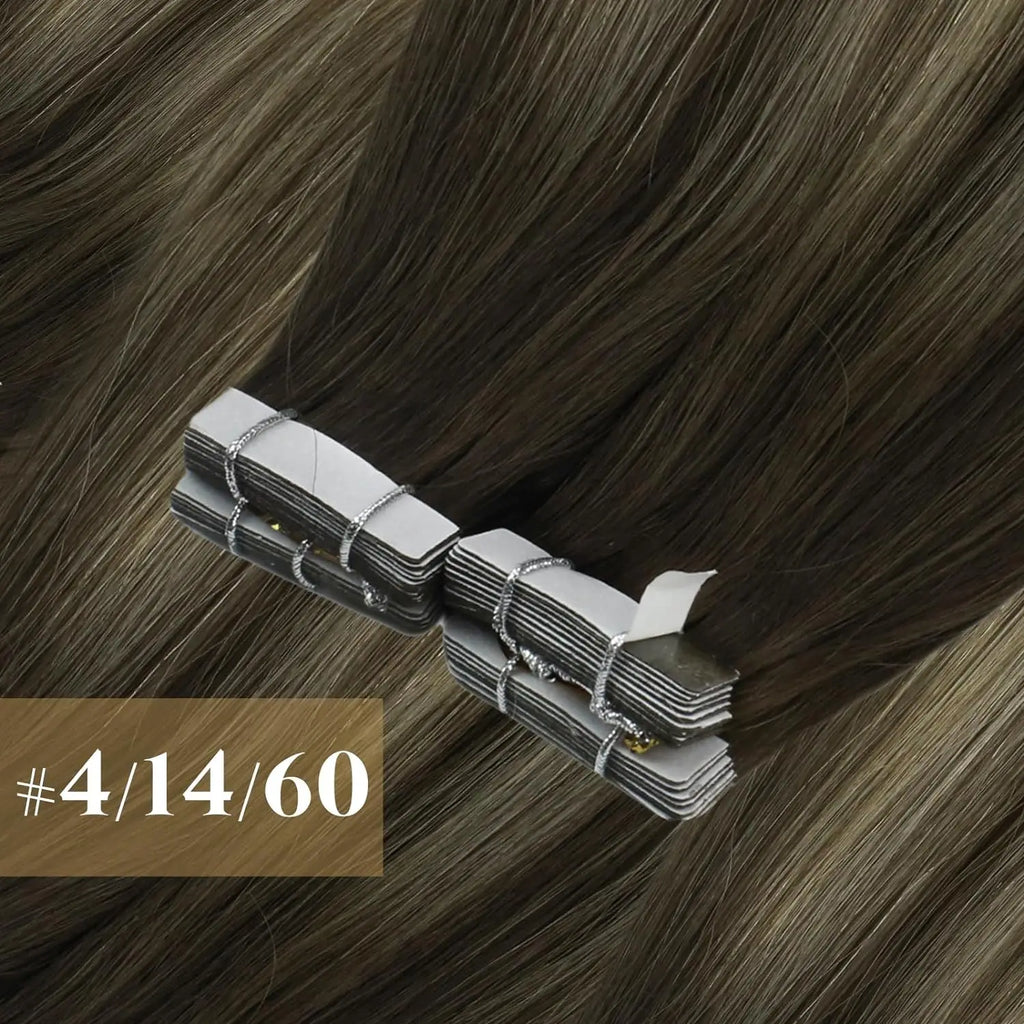 [NEW]VeSunny Tape In Hair Extensions Human Hair Real Natural Hair Balayage Color #4-14-60 Skin Weft Straight Seamless Hair