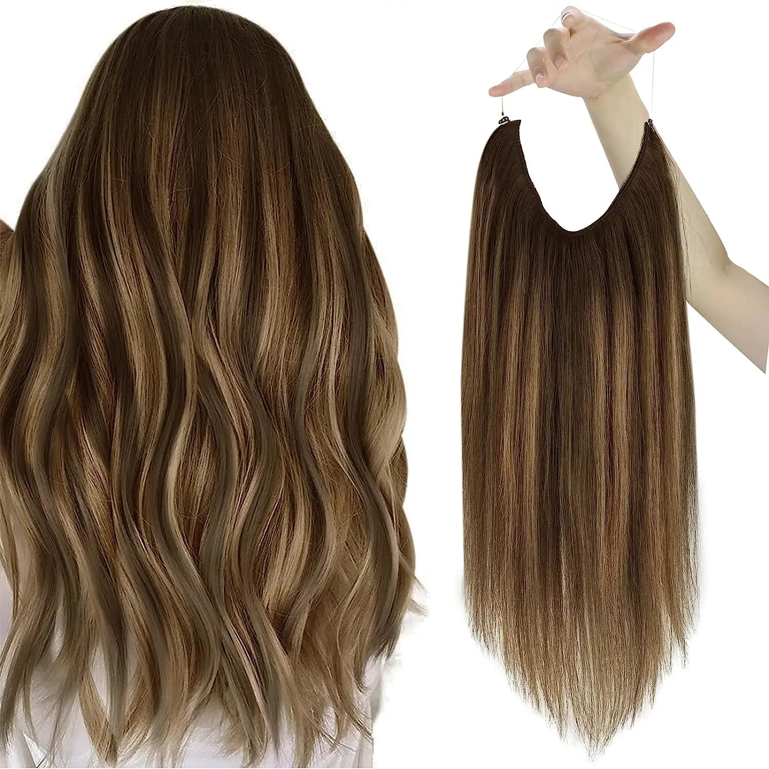 VeSunny Fish Line Human Hair Extension Wire Natural Hair OnePiece Invisible Wire Hair Weft with 2 Clips Machine Made Blonde Hair
