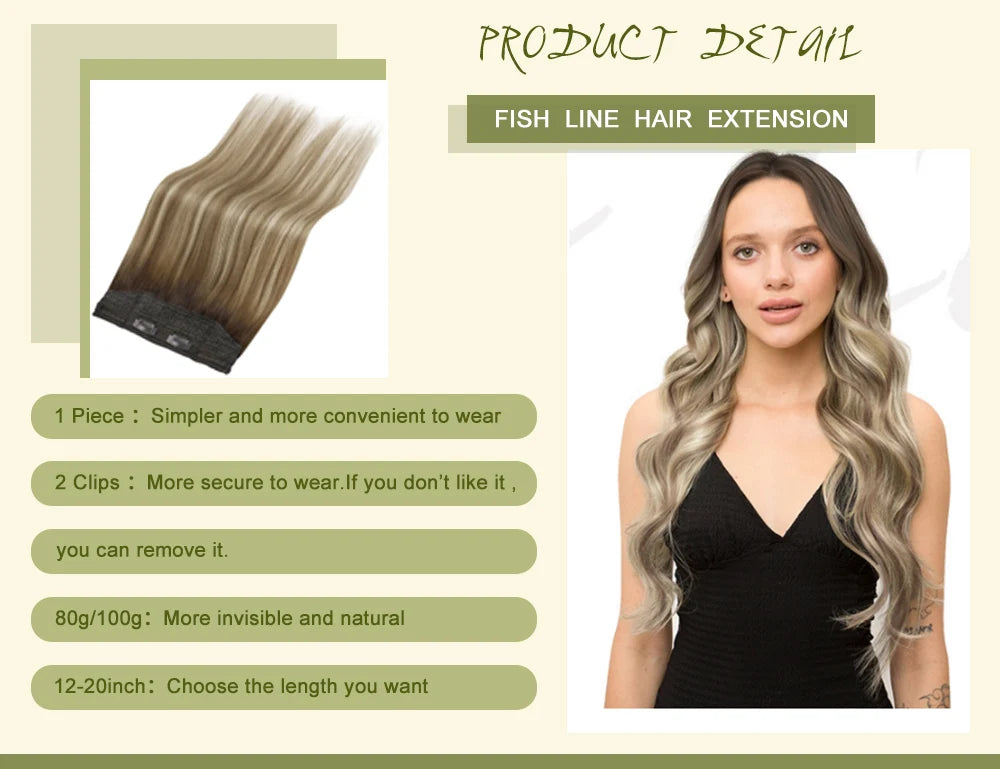 VeSunny Fish Line Human Hair Extension Wire Natural Hair OnePiece Invisible Wire Hair Weft with 2 Clips Machine Made Blonde Hair