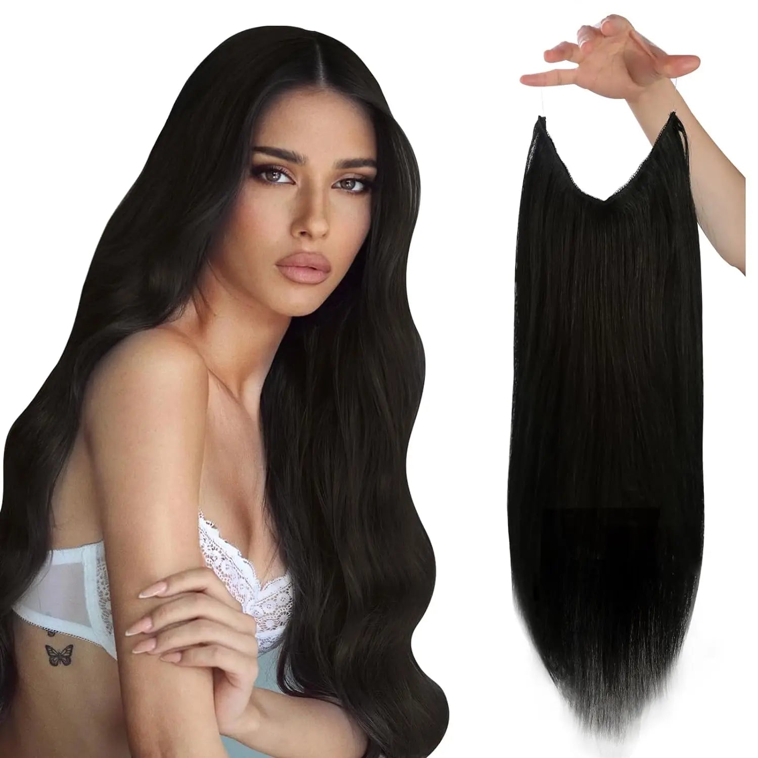VeSunny Fish Line Human Hair Extension Wire Natural Hair OnePiece Invisible Wire Hair Weft with 2 Clips Machine Made Blonde Hair