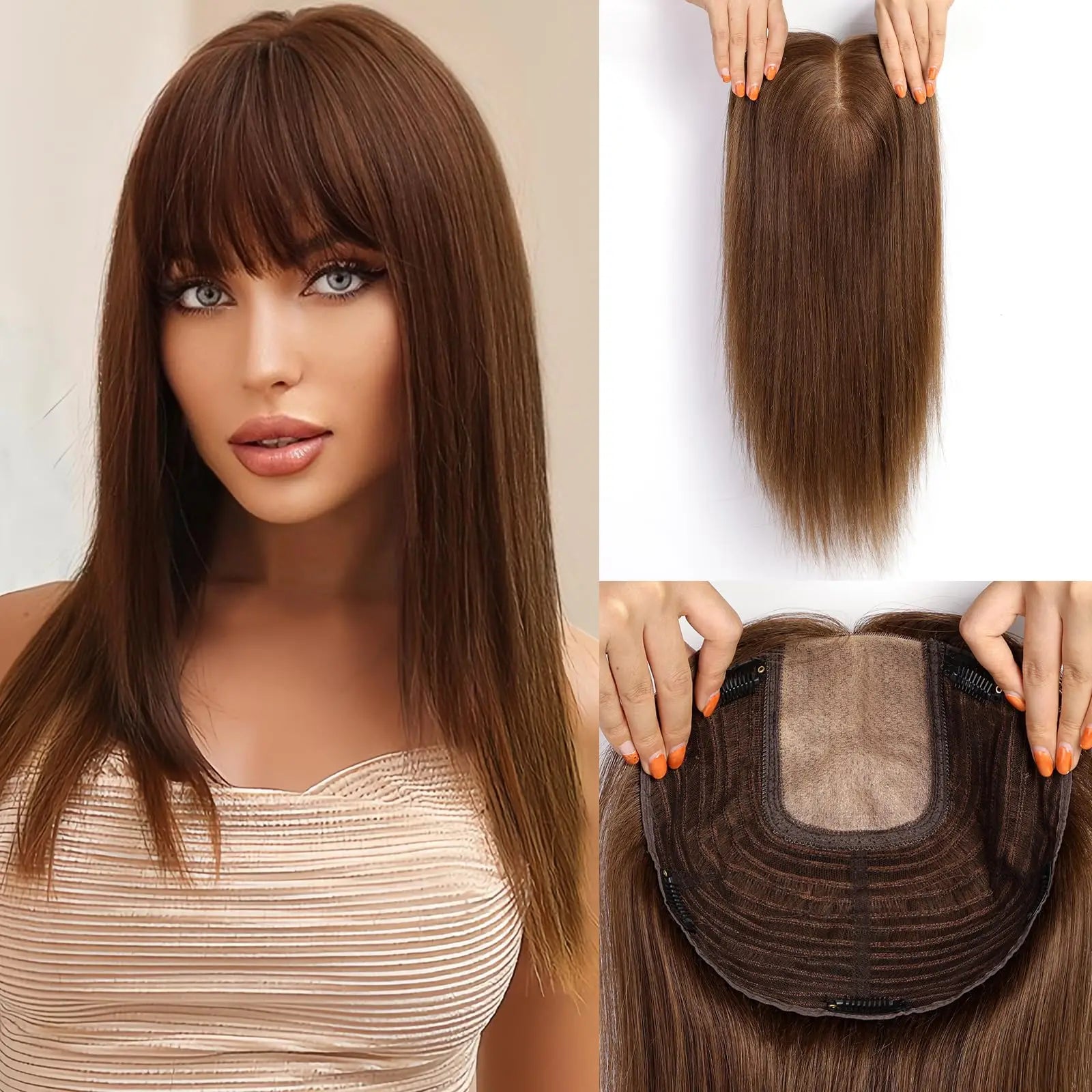 Brown Blonde Highlight Remy Human Hair Toppers Clips in 16 Inches Straight Hairpiece for Women Silk Base Topper Hair Extensions