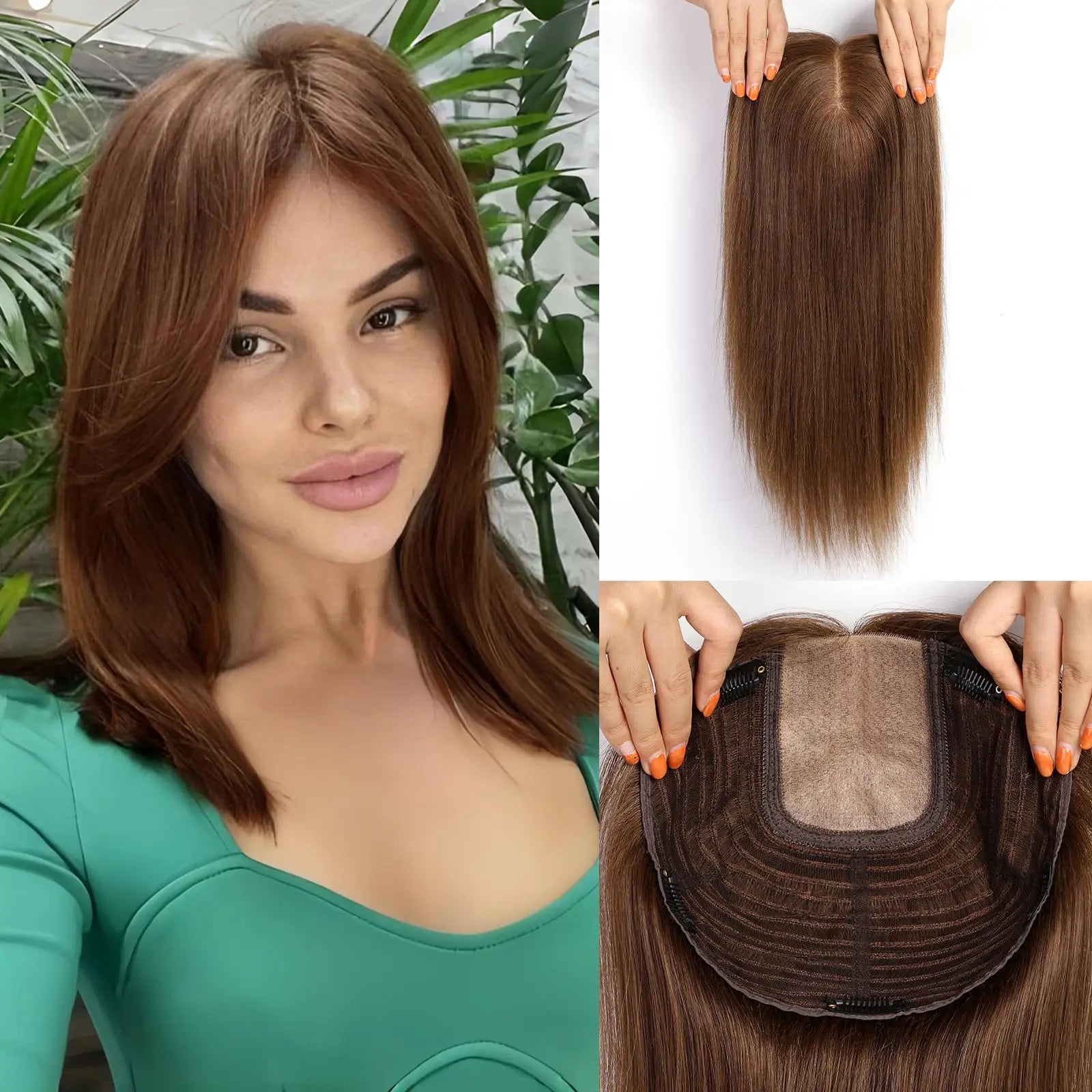 Brown Blonde Highlight Remy Human Hair Toppers Clips in 16 Inches Straight Hairpiece for Women Silk Base Topper Hair Extensions