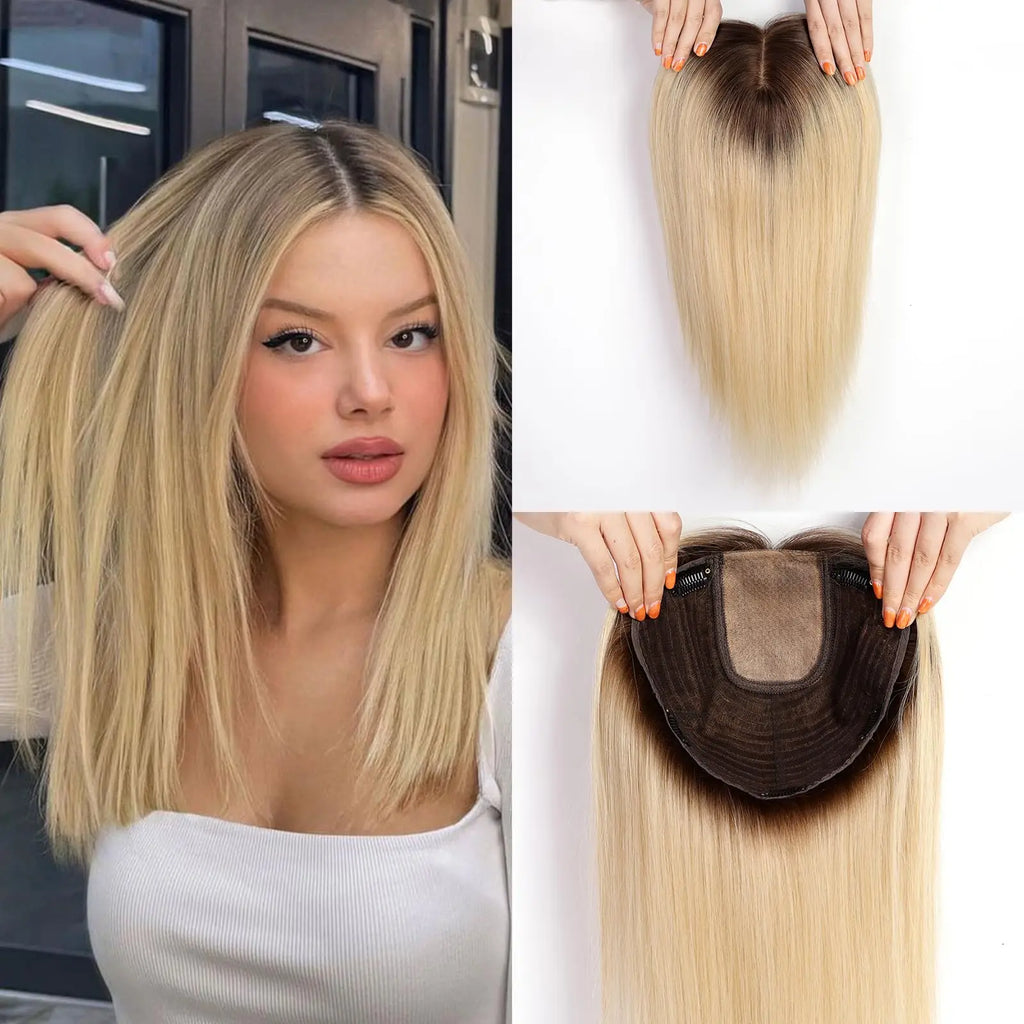 Brown Blonde Highlight Remy Human Hair Toppers Clips in 16 Inches Straight Hairpiece for Women Silk Base Topper Hair Extensions