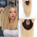 Brown Blonde Highlight Remy Human Hair Toppers Clips in 16 Inches Straight Hairpiece for Women Silk Base Topper Hair Extensions
