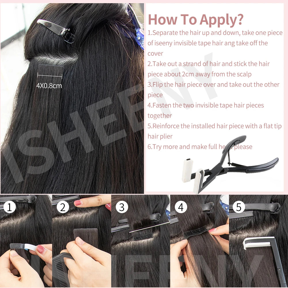 Isheeny Invisible Tape In Hair Extensions 12" 16" 20" 22" Skin Weft Tape Ins 10pcs Natural Straight Machine Made Remy Human Hair