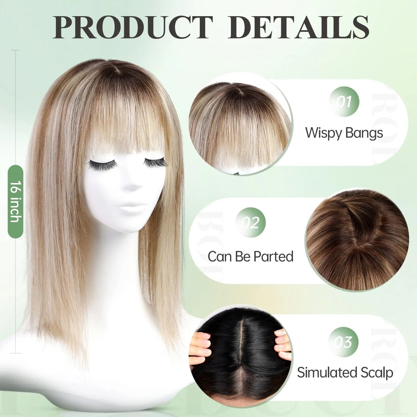 Brown Blonde Highlight Remy Human Hair Toppers Clips in 16 Inches Straight Hairpiece for Women Silk Base Topper Hair Extensions