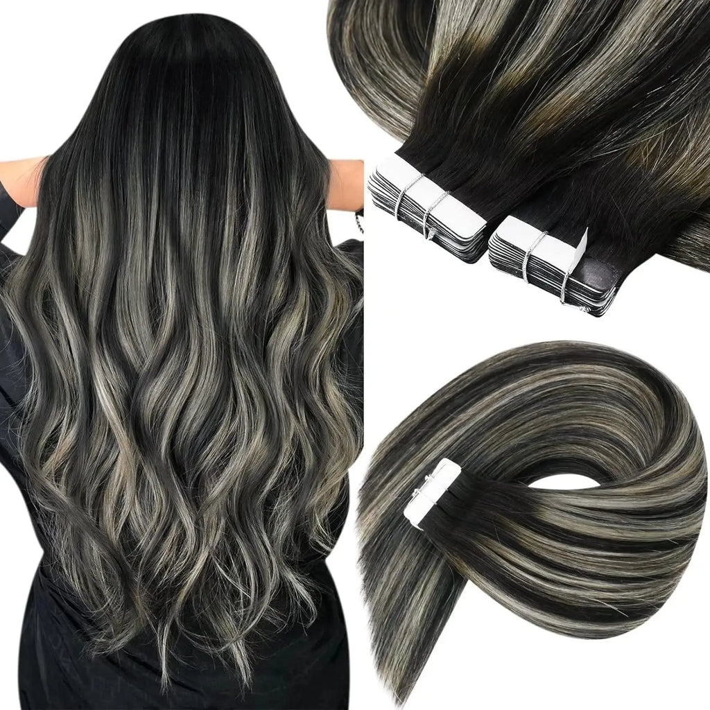 [NEW]VeSunny Tape In Hair Extensions Human Hair Real Natural Hair Balayage Color #4-14-60 Skin Weft Straight Seamless Hair