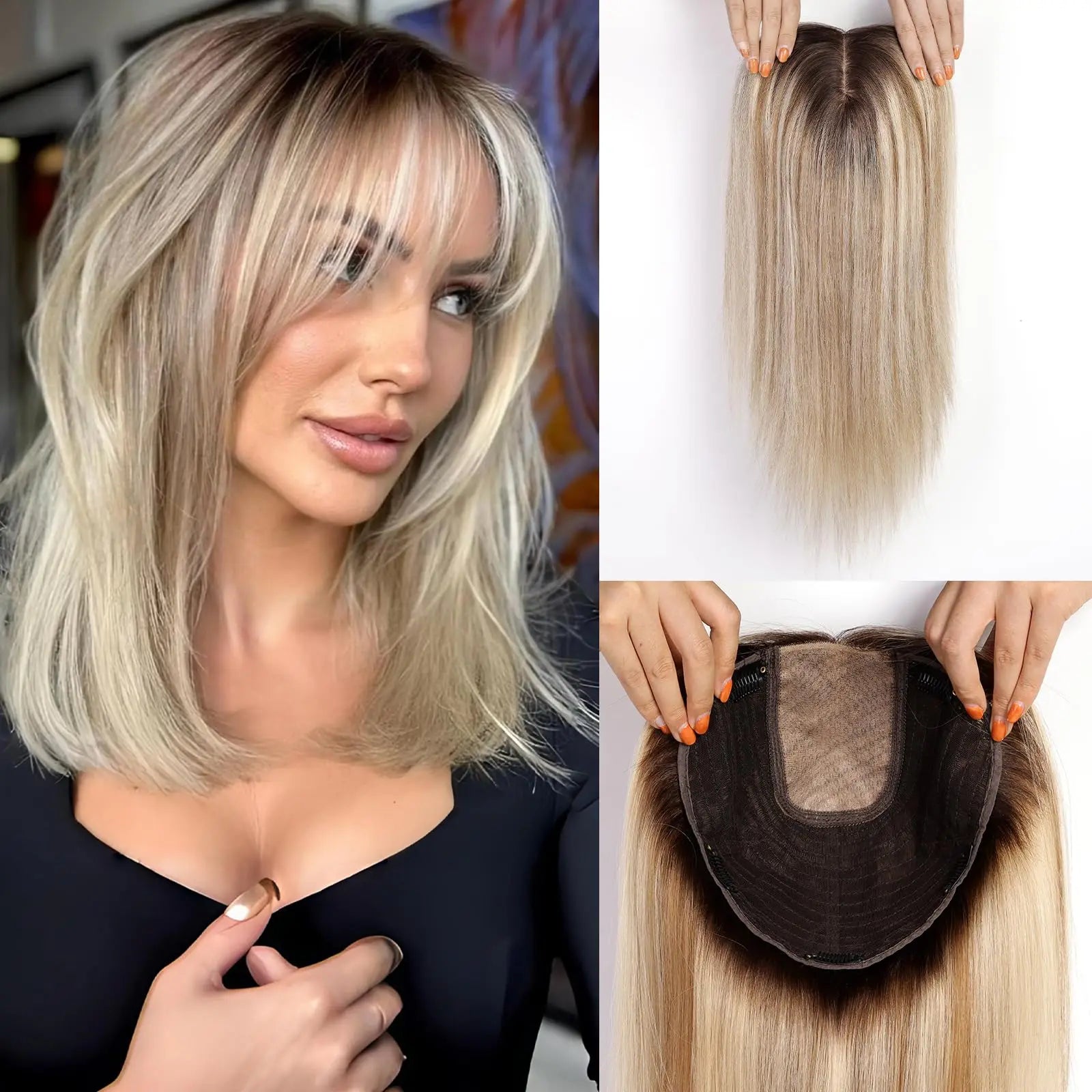 Brown Blonde Highlight Remy Human Hair Toppers Clips in 16 Inches Straight Hairpiece for Women Silk Base Topper Hair Extensions