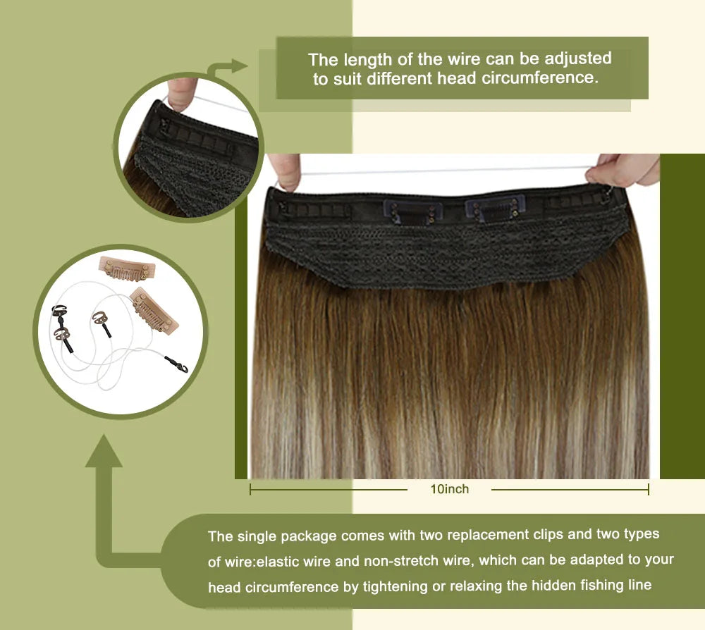 VeSunny Fish Line Human Hair Extension Wire Natural Hair OnePiece Invisible Wire Hair Weft with 2 Clips Machine Made Blonde Hair