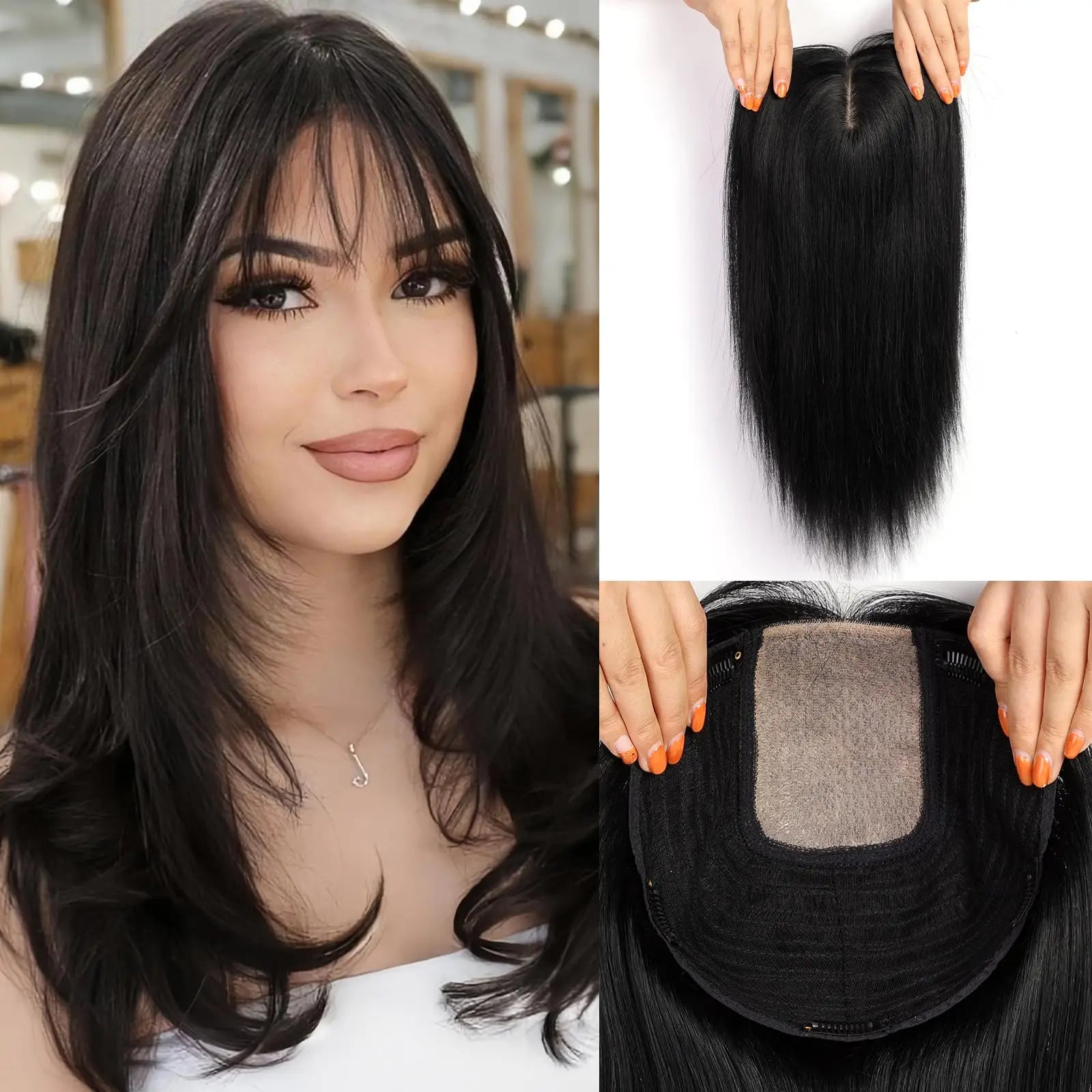 Brown Blonde Highlight Remy Human Hair Toppers Clips in 16 Inches Straight Hairpiece for Women Silk Base Topper Hair Extensions