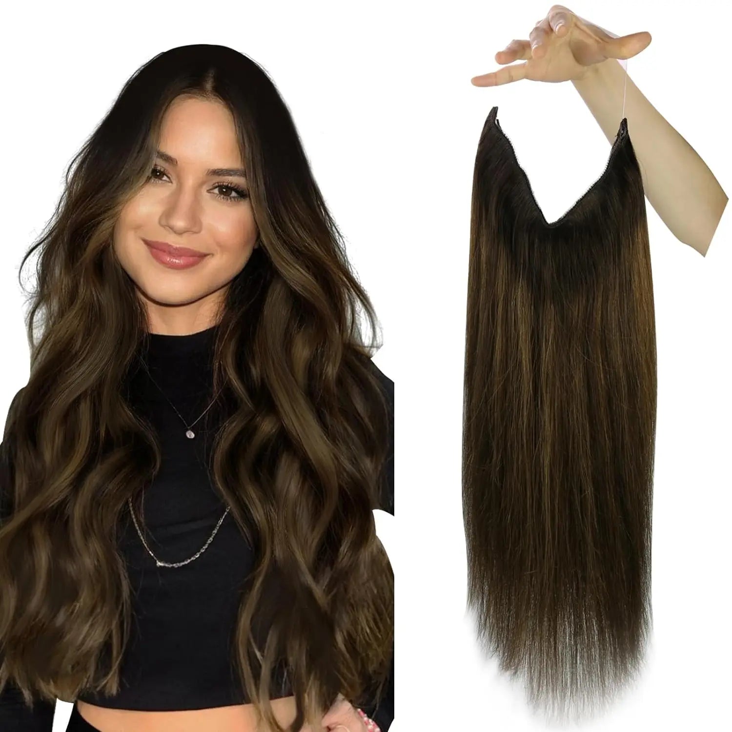 VeSunny Fish Line Human Hair Extension Wire Natural Hair OnePiece Invisible Wire Hair Weft with 2 Clips Machine Made Blonde Hair