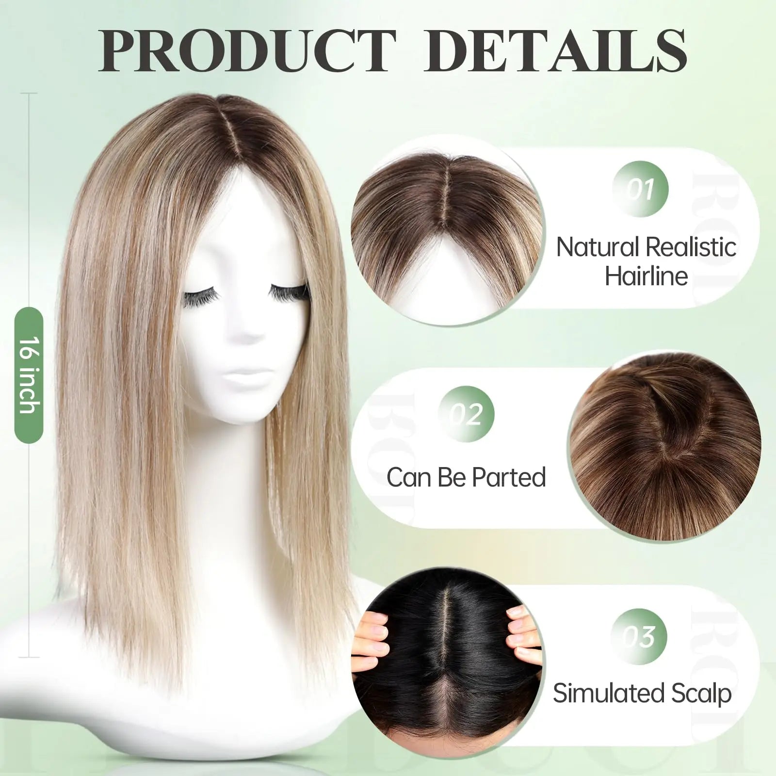 Brown Blonde Highlight Remy Human Hair Toppers Clips in 16 Inches Straight Hairpiece for Women Silk Base Topper Hair Extensions