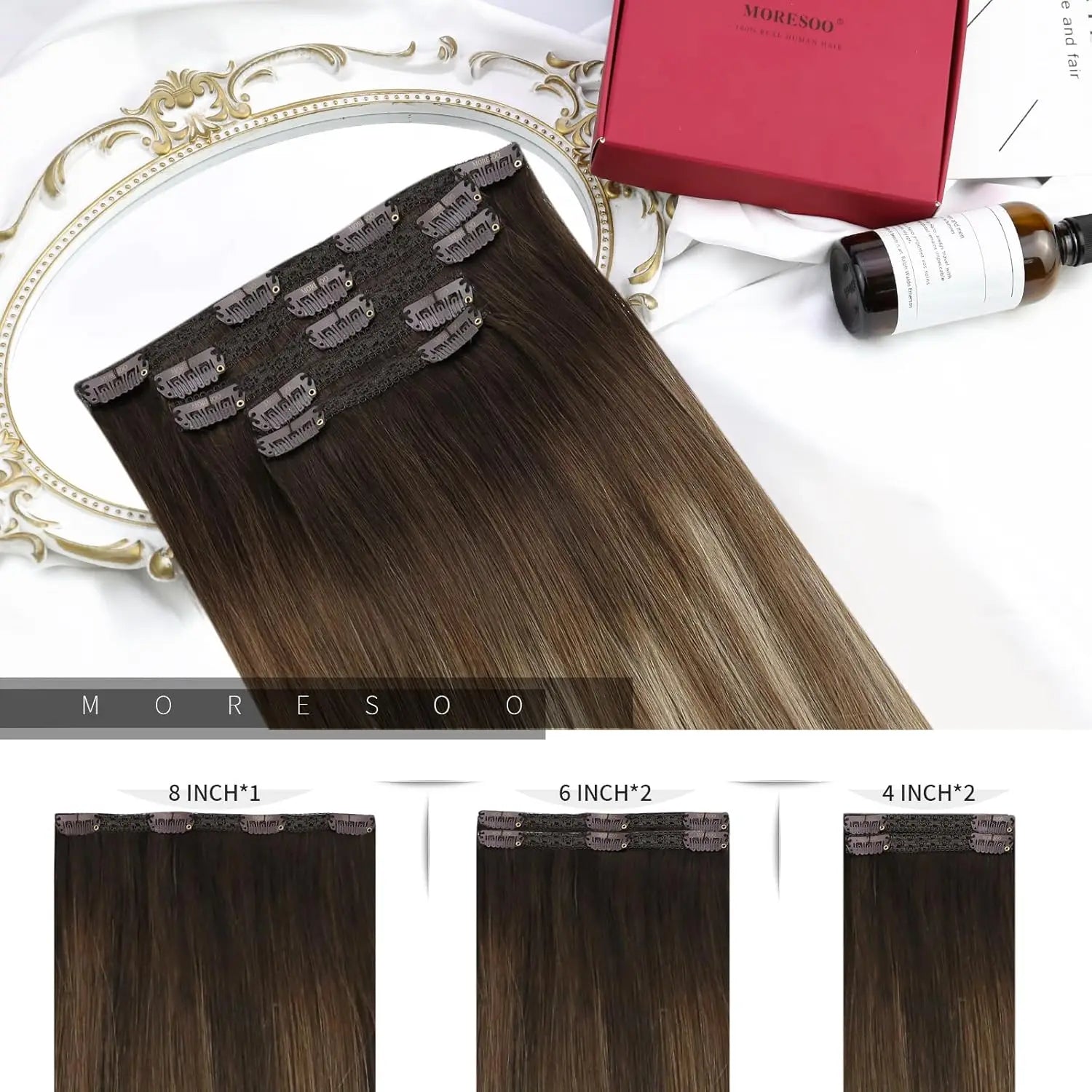 [Hot Sale] Moresoo Clip in Hair Extensions Real Natural Hair Remy Straight Set 5&7 Pcs Brazilian Clip in Human Hair Extensions