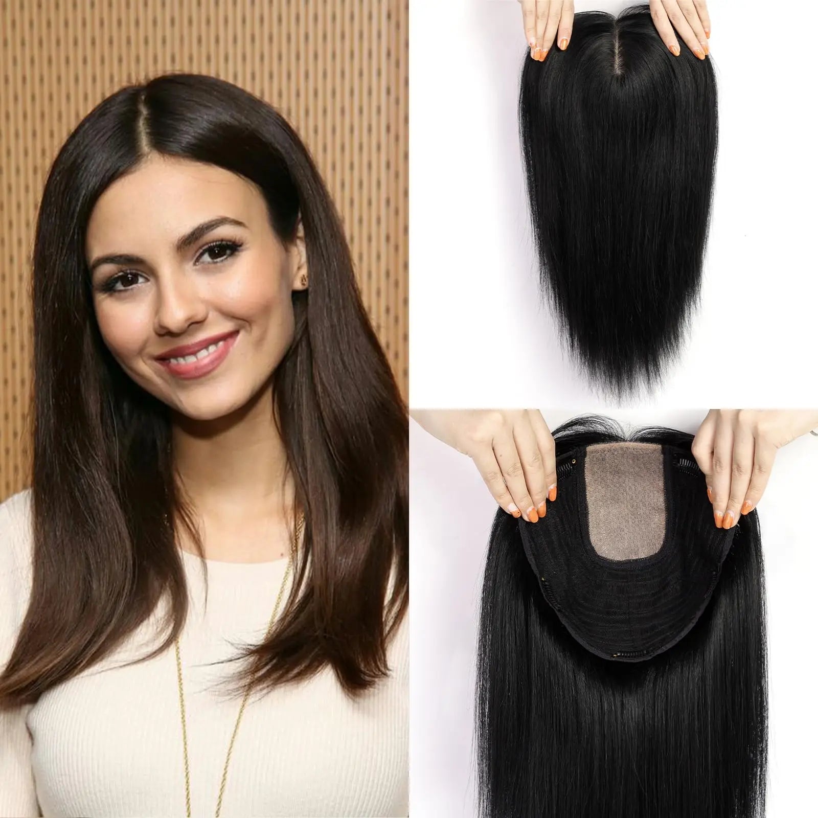 Brown Blonde Highlight Remy Human Hair Toppers Clips in 16 Inches Straight Hairpiece for Women Silk Base Topper Hair Extensions